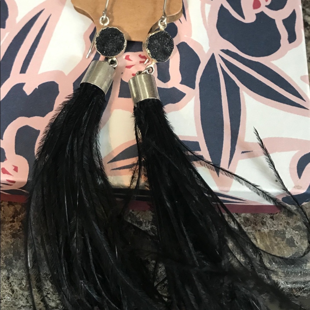 Black stone and feather earrings